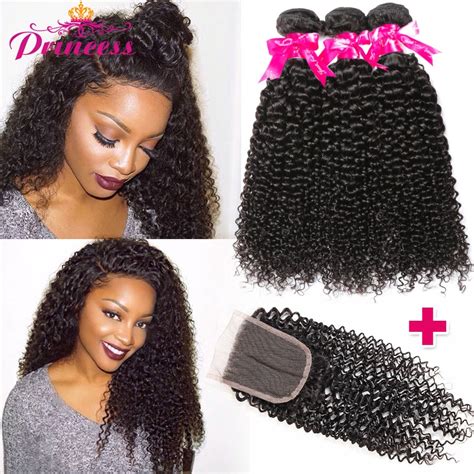 Kinky Curly Hair 3 Bundles With Closure Double Weft Remy Human Hair Bundles With Closure