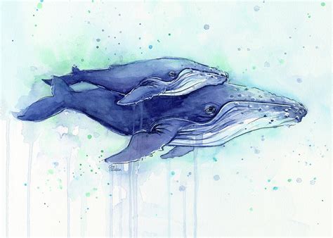 Humpback Whales Mom And Baby Watercolor Painting Facing Right
