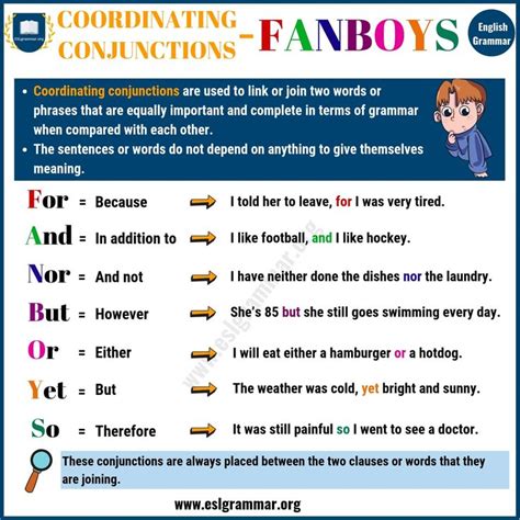 coordinating conjunction fanboys  rules examples esl