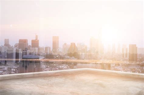 Blank Roof Top Of Building With Skyscraper Landscape Background Stock