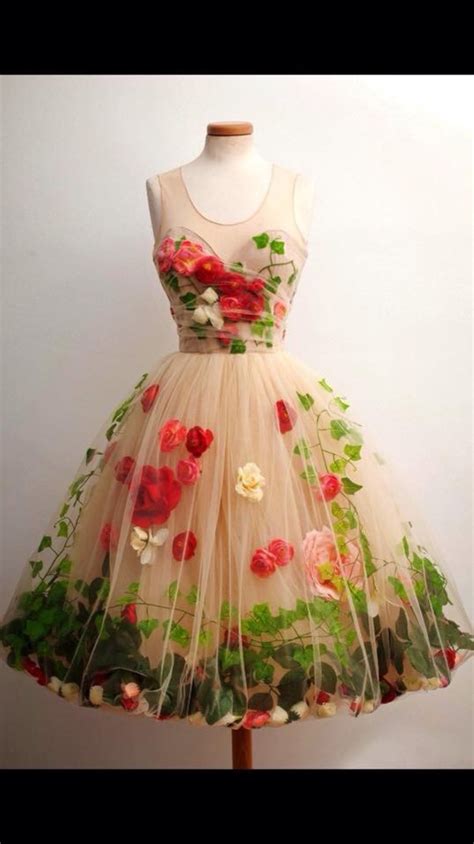 Dress Floral Designer Floral Dress Flowers Green Beige Red Prom
