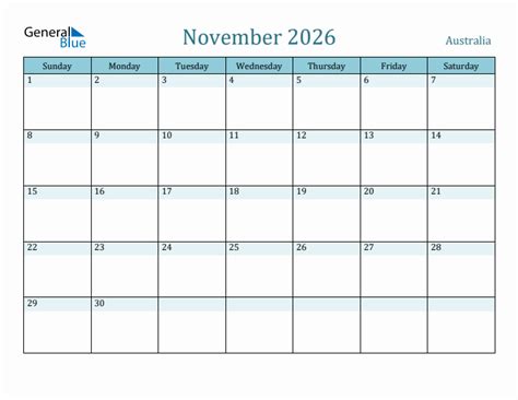 November 2026 Monthly Calendar With Australia Holidays
