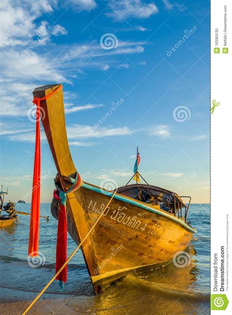 Traditional Thai Fishing Long Tail Boat On The Shore Of Ao Nang