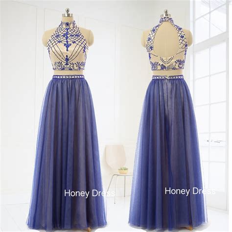 Purple Tulle Halter Two Piece Prom Dress Beaded High Neck Floor Length