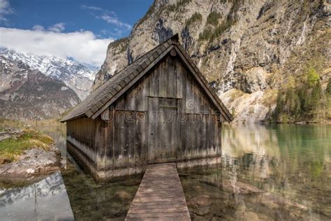 Boathouse At Lake Obersee In Berchtesgaden National Park Stock Image