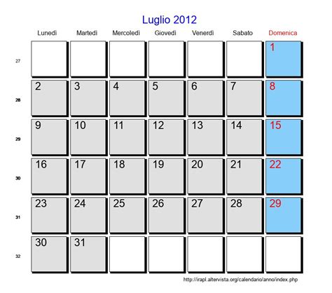 Calendario Luglio 2012 Con Festività E Fasi Lunari