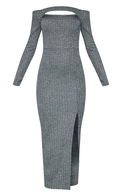 Khaki Marl Rib Cut Out Long Sleeve Maxi Dress Prettylittlething Usa