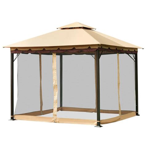 Costway 2 Tier 10 Ft X 10 Ft Beige Top Brown Eaves Black Mesh Gazebo Canopy Tent Shelter