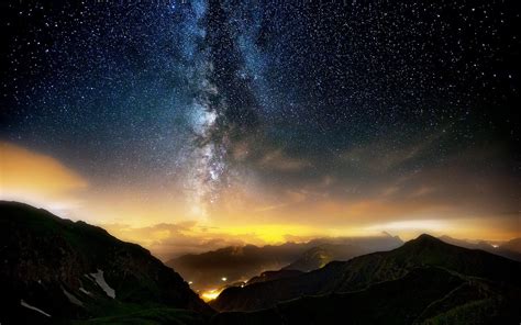 Landscape Lights Mountains Italy Night Galaxy Nature Sky Long