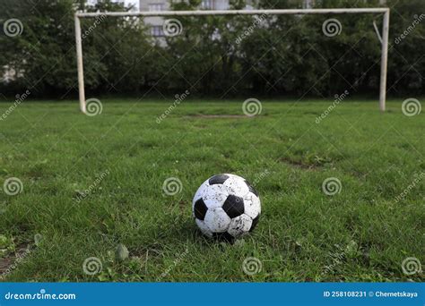 Dirty Soccer Ball On Green Grass Outdoors Stock Image Image Of
