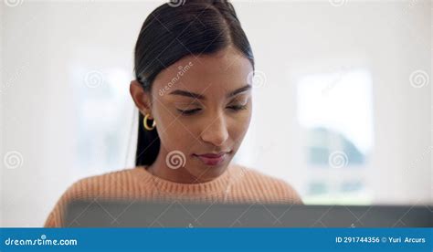 woman typing and laptop in home or reading email for article writing proposal or thinking face