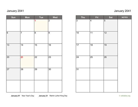 Monthly 2041 Calendar On Two Pages