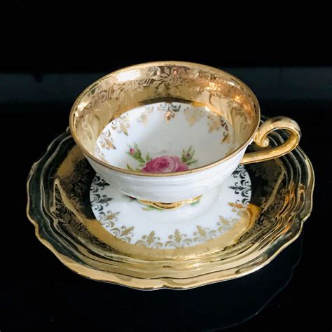 Vintage Demitasse Tea Cup Saucer Bavaria Germany Heavy Gold Trim Rose