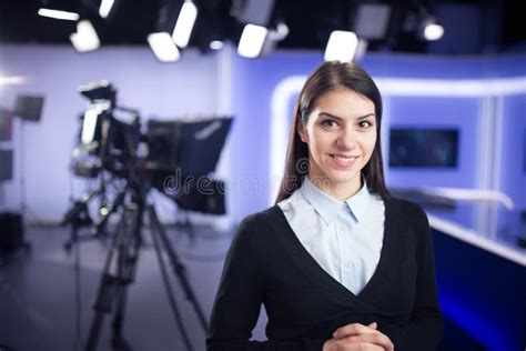Television Presenter Recording In News Studio Female Journalist Anchor