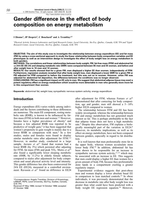Pdf Gender Difference In The Effect Of Body Composition On Energy Metabolism