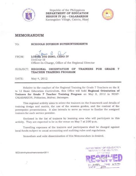 Memorandum Department Of Education Region Iv Calabarzon