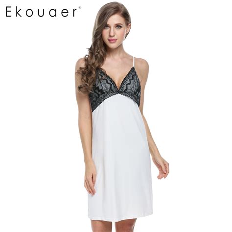 Ekouaer Nightgown Women Sexy Sleep Dress Lace V Neck Sleeveless