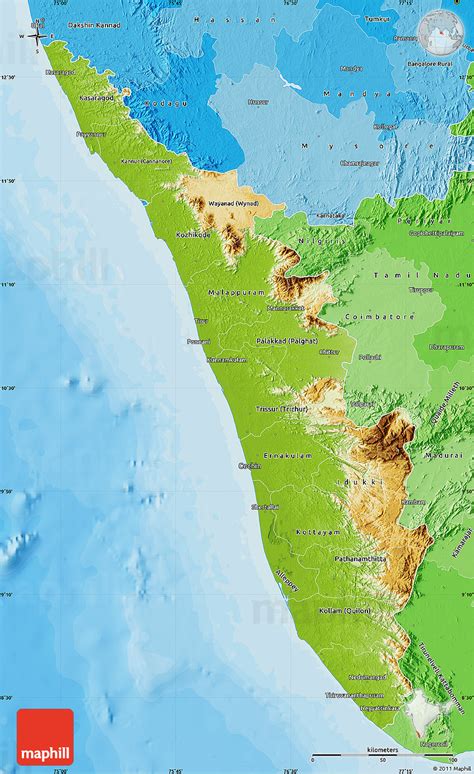 Western ghats form an almost continuous mountain wall. Physical Map of Kerala, political shades outside