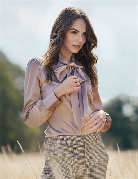 satin women s fitted shirt with pussy bow in taupe hawes and curtis uk