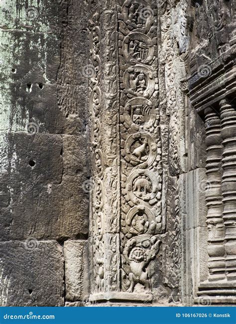 Stegosaurus Dinosaur Carving On The Wall In Ta Prohm Temple Siem Reap