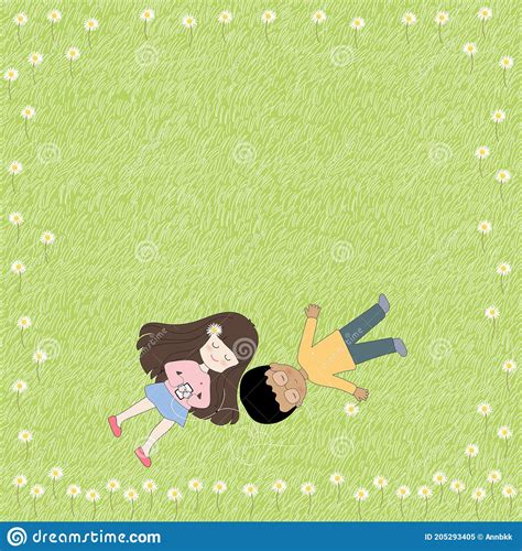 Cute Boy And Girl Lying Down On Grass Fields Cartoon Mixed Race Kids