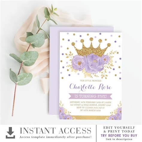 Purple Floral Crown Princess Birthday Invitation Template Editable