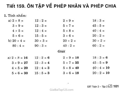 Giải Bài Tập Toán Lớp 2 Tiết 159 Ôn Tập Về Phép Nhân Và Phép Chia