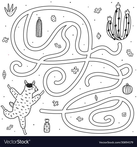 Black And White Maze Game With A Cute Llama Funny Vector Image