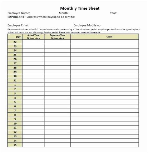 Printable Monthly Timesheet