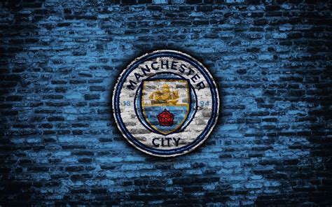 Download Wallpapers Manchester City Fc Logo Blur Brick