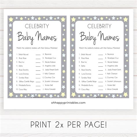 Match The Celebrity Baby Names Grey Stars Printable Baby Shower Games