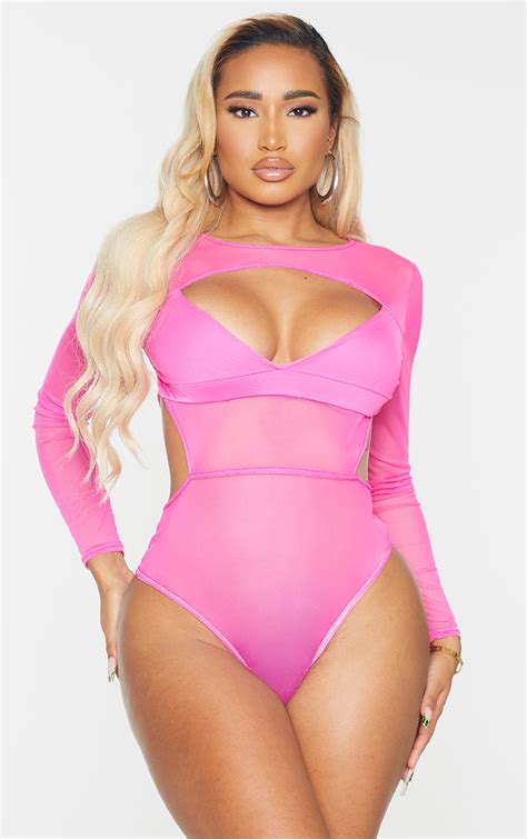 Shape Hot Pink Mesh Panel Cut Out Bodysuit Prettylittlething Aus