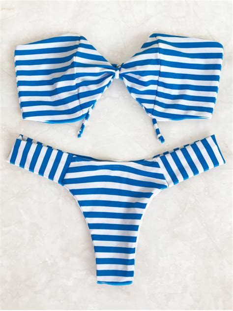 Striped Bow Bandeau Bikini Set Blue And White Bikinis M