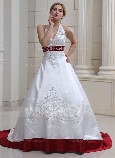 Ball Gown Halter Court Train Satin Wedding Dress With Embroidered