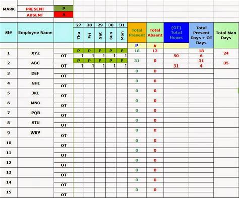 Attendance Sheet With Overtime In Excel