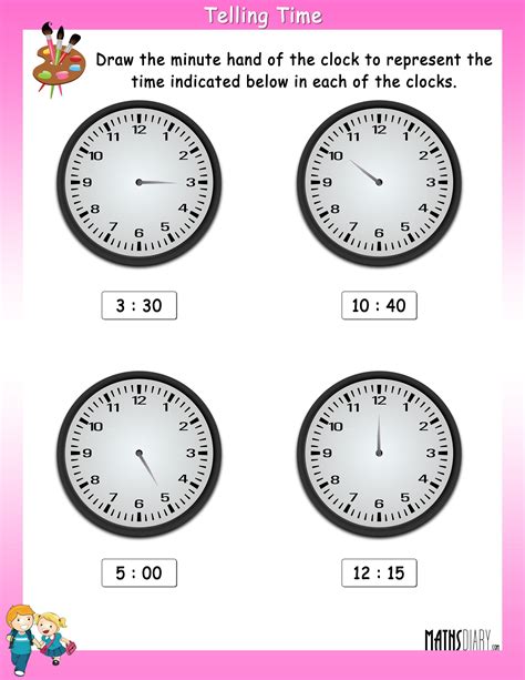 When the hour hand is pointed directly at a clock number, you know it is exactly that hour. Draw the Minute Hand in the clock to show the indicated ...