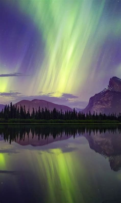 Aurora Borealis Mountains Lake Reflection Banff National Park 4k Hd