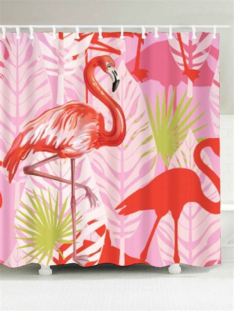 A Pink Flamingo Shower Curtain With Palm Leaves
