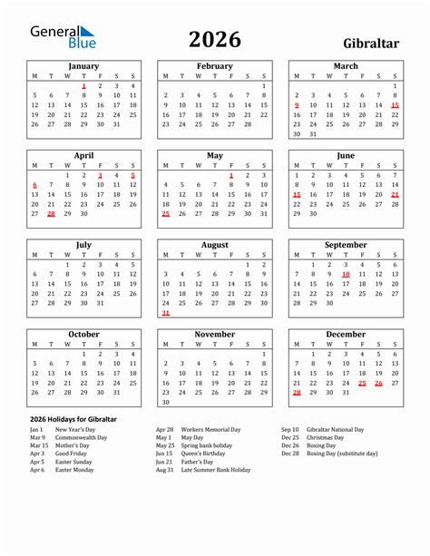 Free Printable 2026 Gibraltar Holiday Calendar