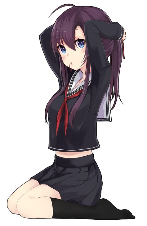 Anime Girl With Purple Hair Blue Eyes School Uniform Thigh Highs
