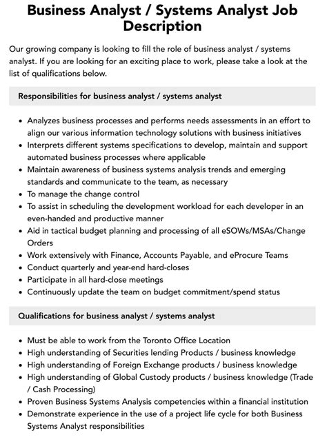 Business Analyst Systems Analyst Job Description Velvet Jobs