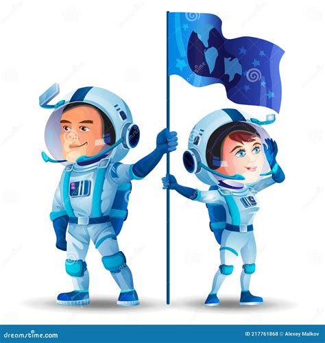Astronautas Hombre Y Mujer En La Luna Con Una Bandera Cosmonauta Lindo Dibujos Animados