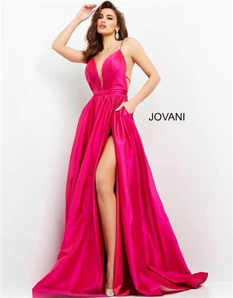 Jovani 06540 Fuchsia Taffeta Plunging Neck Prom Gown