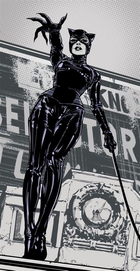 A Black And White Drawing Of A Woman In Catwoman Costume Standing On