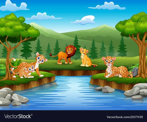 Animals Cartoon Are Enjoying Nature By The River Vector Image