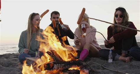 group of friends relaxing at bonfire beach party stock video footage 00 28 sbv 321184380