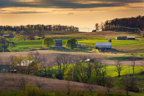 Evening View Of Farm Fields And Rolling Hills In Rural York County