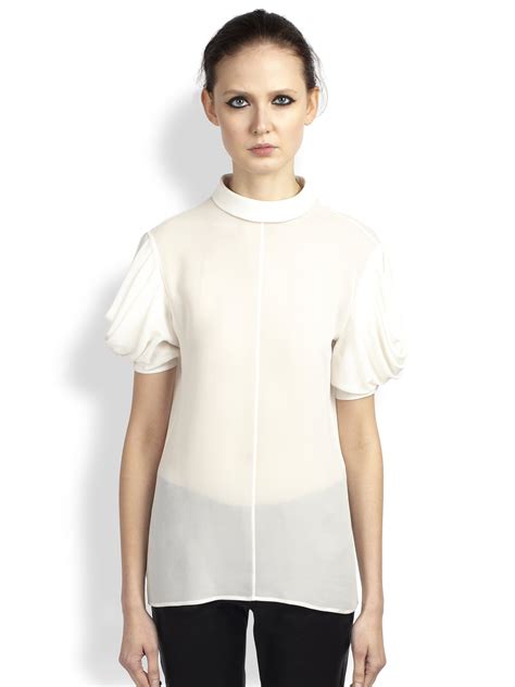 Saint Laurent Silk Puffed Sleeve Blouse In White Lyst