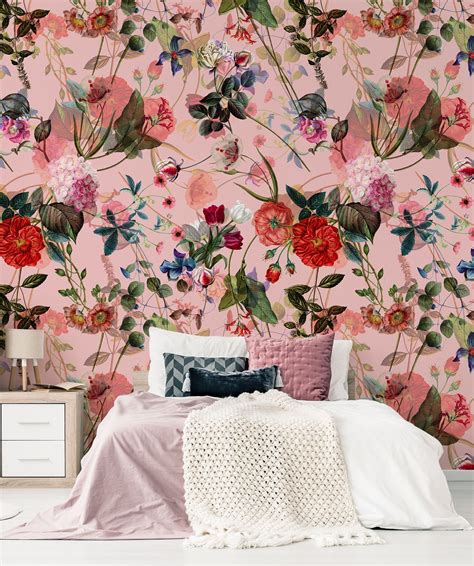 Pink Floral Wallpaper Peel And Stick Wall Mural With Painted Etsy