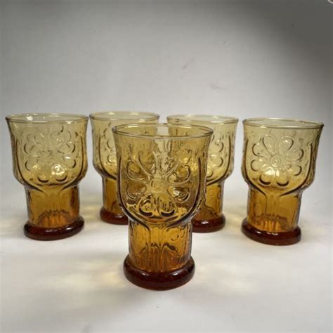 4 Vintage Libbey Amber Country Garden Daisy Flower 4 Tall Juice Glasses Ebay